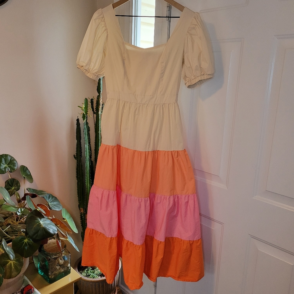 English Factory Color Block Cotton Flowy Spring Summer Shortsleeve Dress, Size S